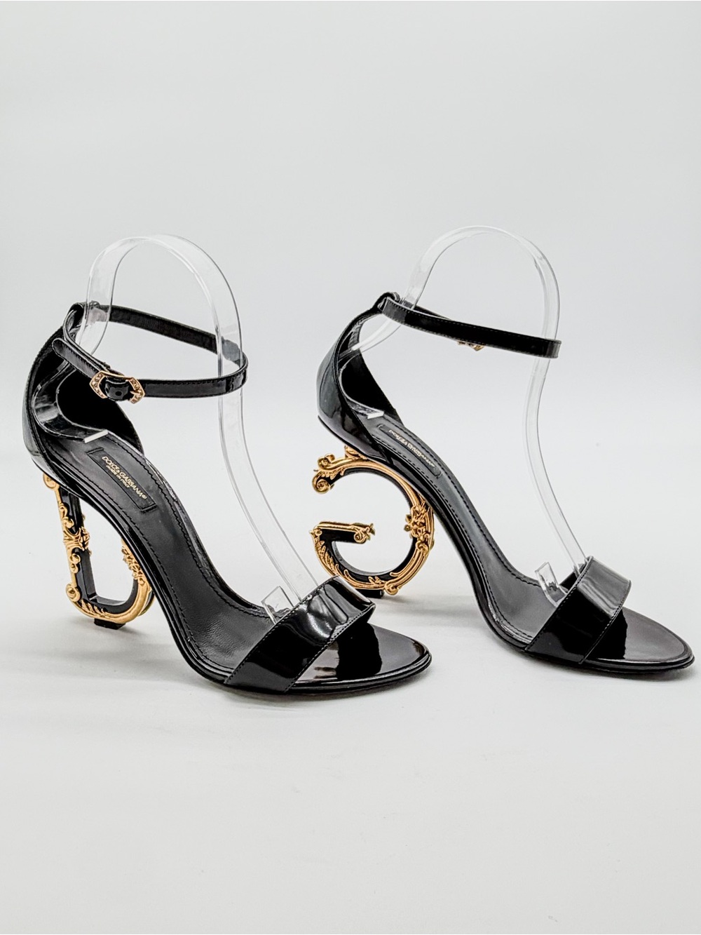 Dolce & Gabbana Kiera Sculpted-Heel Baroque DG Leather Black Sandals EU 40